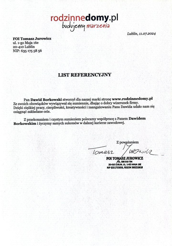 Rekomendacja dla firmy Borkowski Agency od Rodzinne domy FOI Tomasz Jarowicz