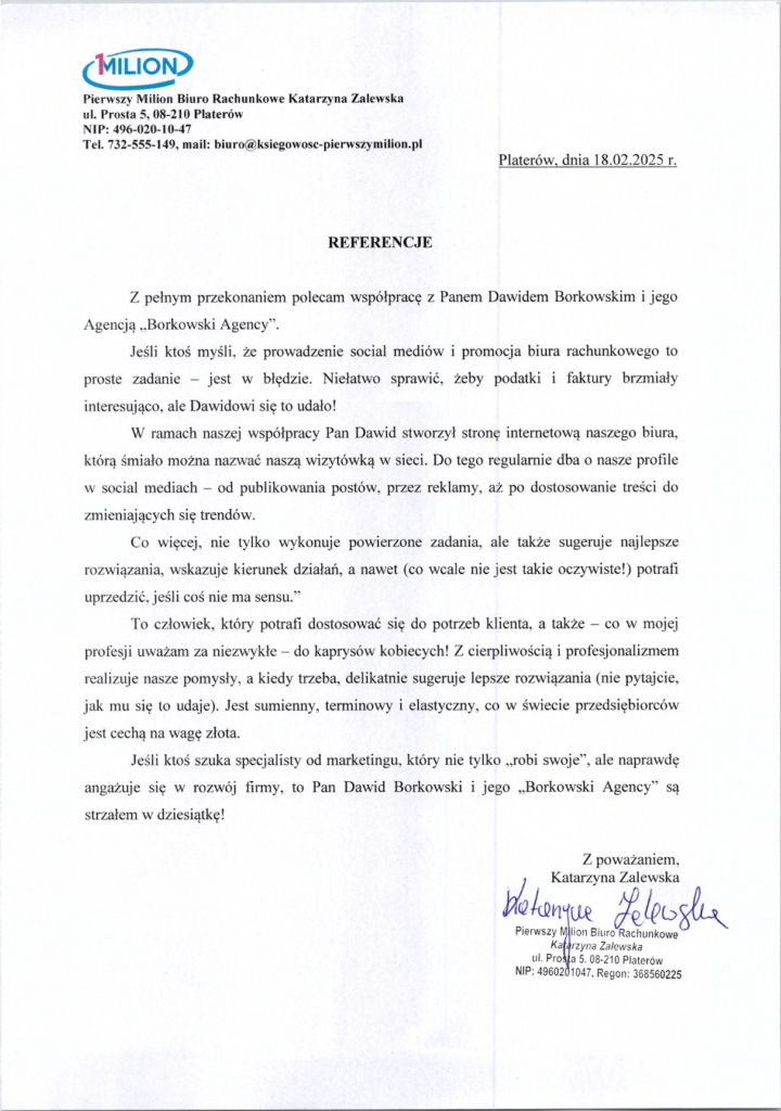 Biuro Rachunkowe Pierwszy Milion referencja